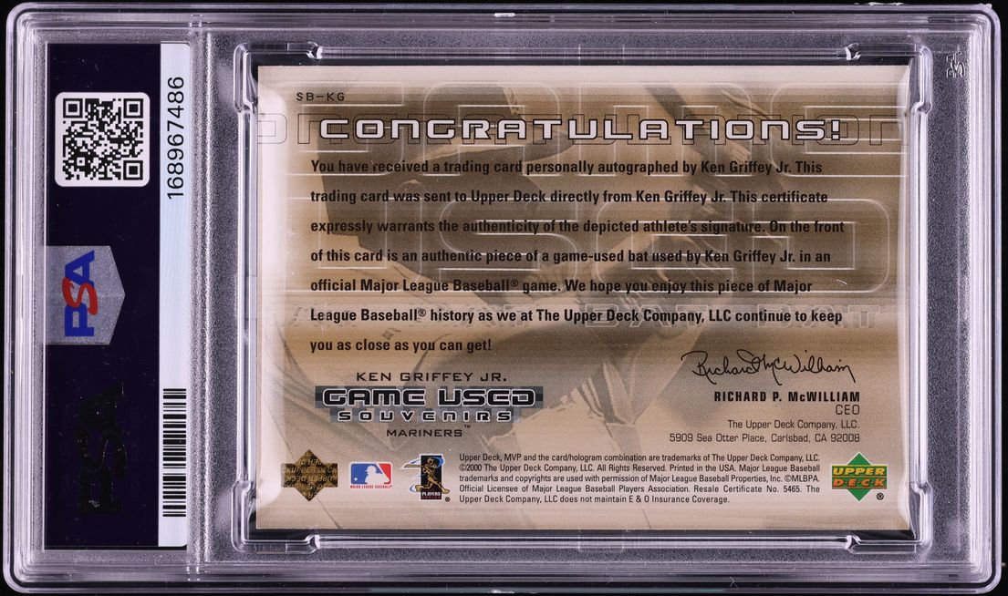 2000 Upper Deck MVP Game Used Souvenirs Ken Griffey Jr. RELIC AUTO /25 #SB-KG PSA 8 NM-MT - Photo 2