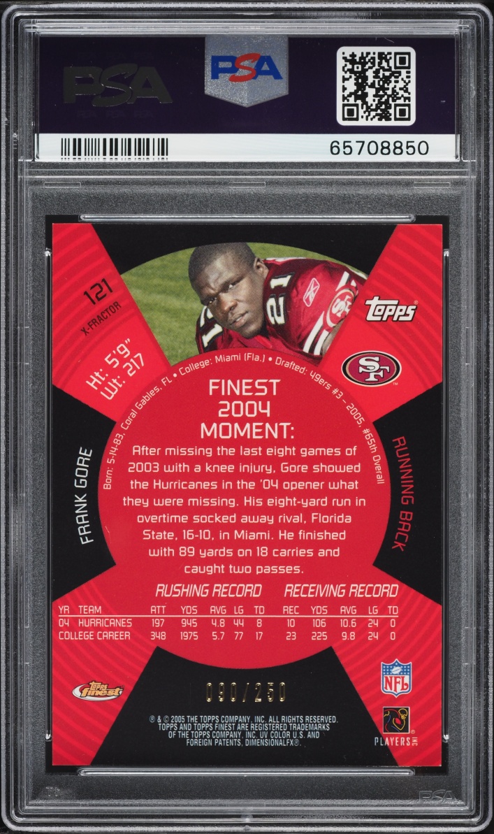 2005 Finest Xfractor Frank Gore ROOKIE /250 #121 PSA 9 MINT - Photo 2