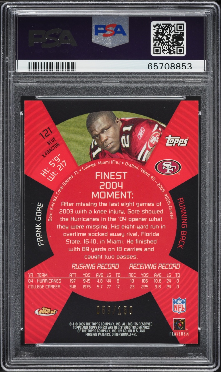 2005 Finest Blue Xfractor Frank Gore ROOKIE /150 #121 PSA 9 MINT - Photo 2