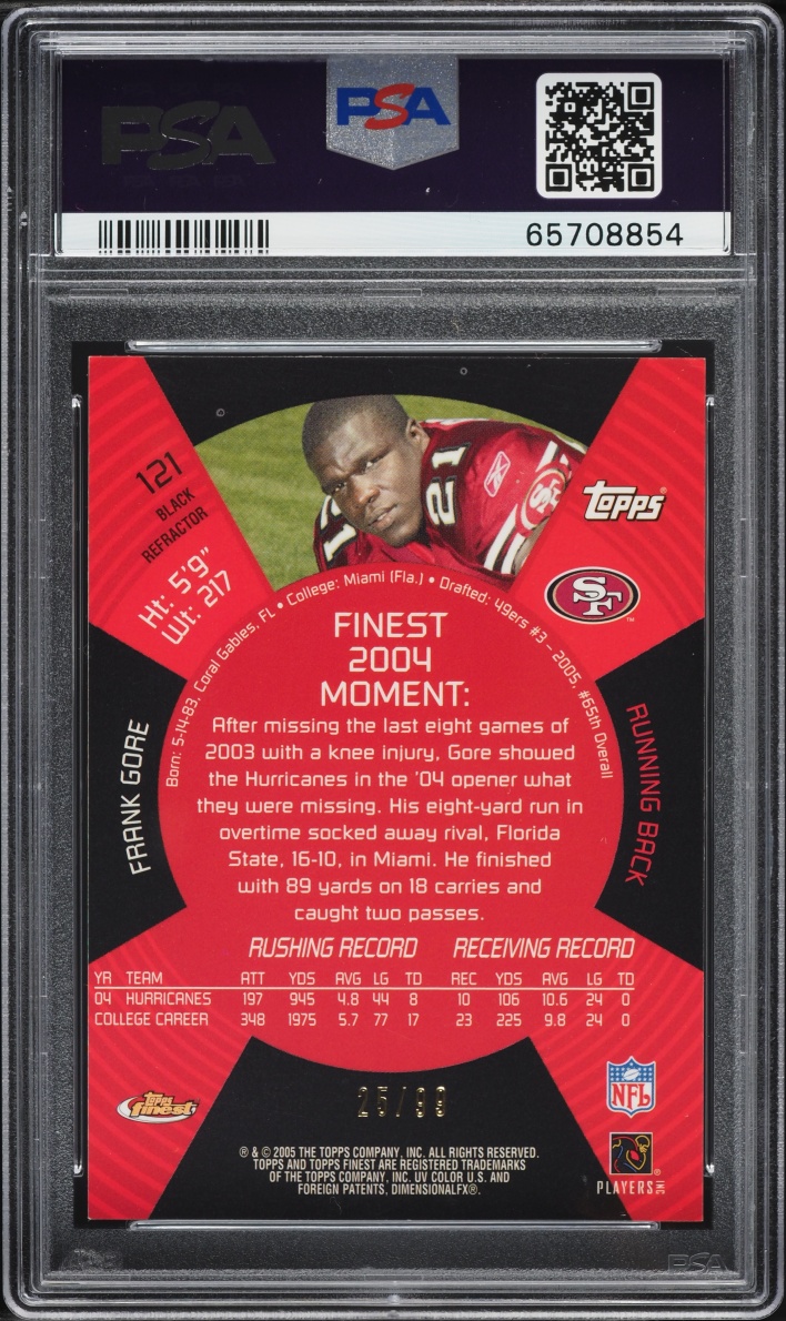2005 Finest Black Refractor Frank Gore ROOKIE /99 #121 PSA 9 MINT - Photo 2