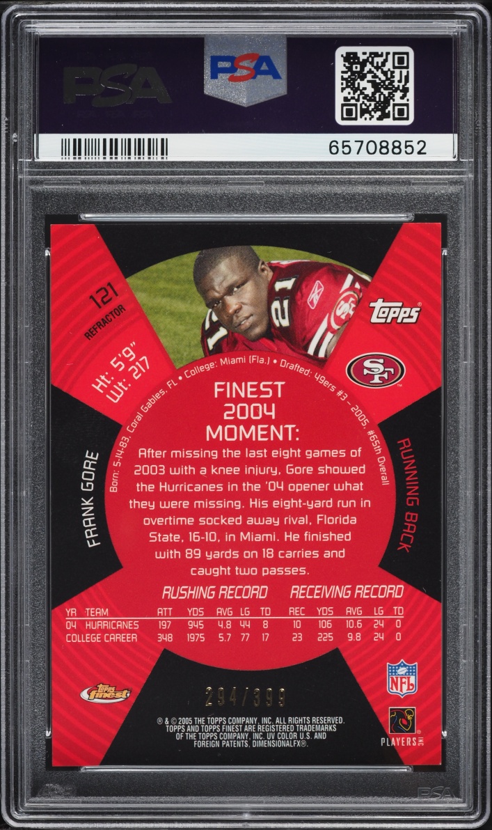 2005 Finest Refractor Frank Gore ROOKIE /399 #121 PSA 9 MINT - Photo 2
