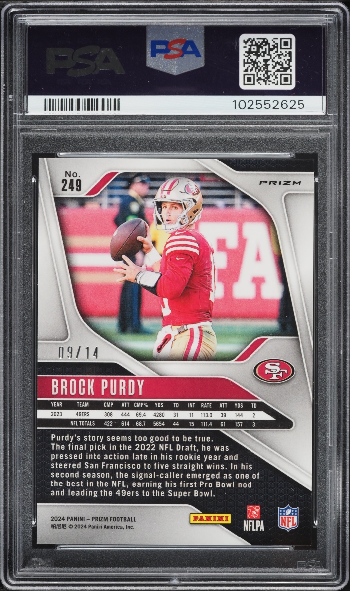 2024 Panini Prizm Blue Choice Brock Purdy /14 #249 PSA 9 MINT - Photo 2