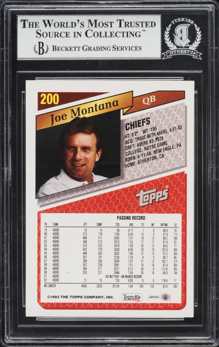1993 Topps Joe Montana AUTO #200 BAS BGS AUTH - Photo 2