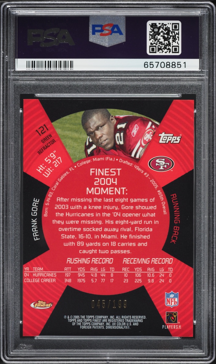 2005 Finest Green Refractor Frank Gore ROOKIE /199 #121 PSA 9 MINT - Photo 2
