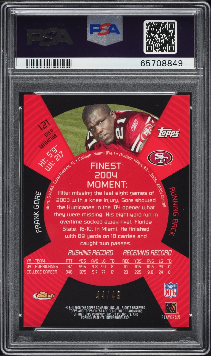 2005 Finest Gold Refractor Frank Gore ROOKIE /49 #121 PSA 9 MINT - Photo 2