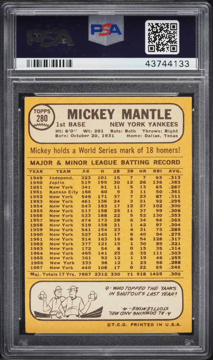 1968 Topps Mickey Mantle #280 PSA 2 GD - Photo 2