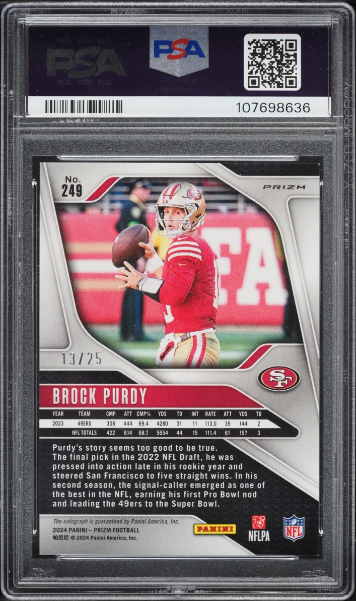 2024 Panini Prizm Choice Brock Purdy AUTO /25 #249 PSA 9 MINT - Photo 2