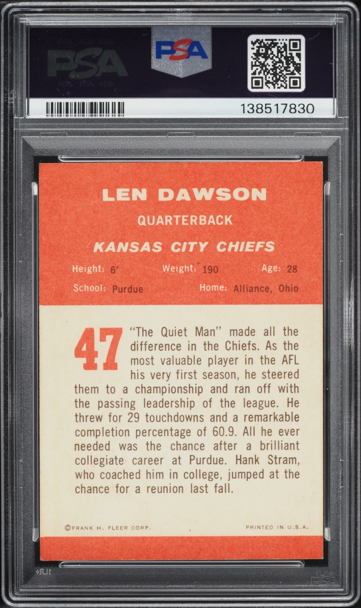 1963 Fleer Football Len Dawson Rookie RC #47 PSA 5 EX - Photo 2