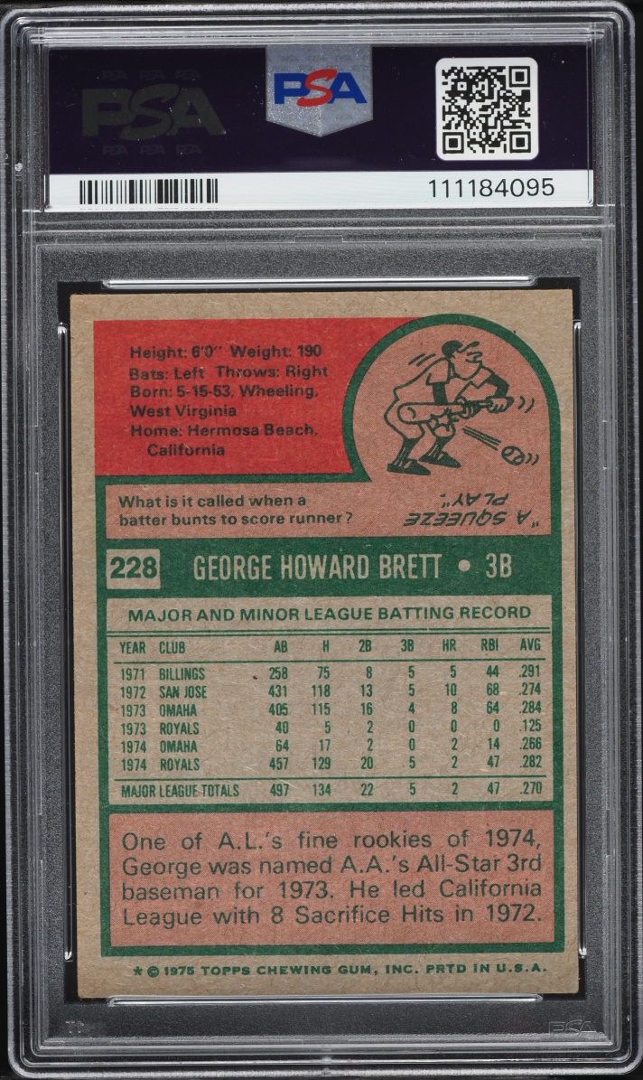 1975 Topps George Brett ROOKIE AUTO DNA 10 #228 PSA 4 VGEX - Photo 2