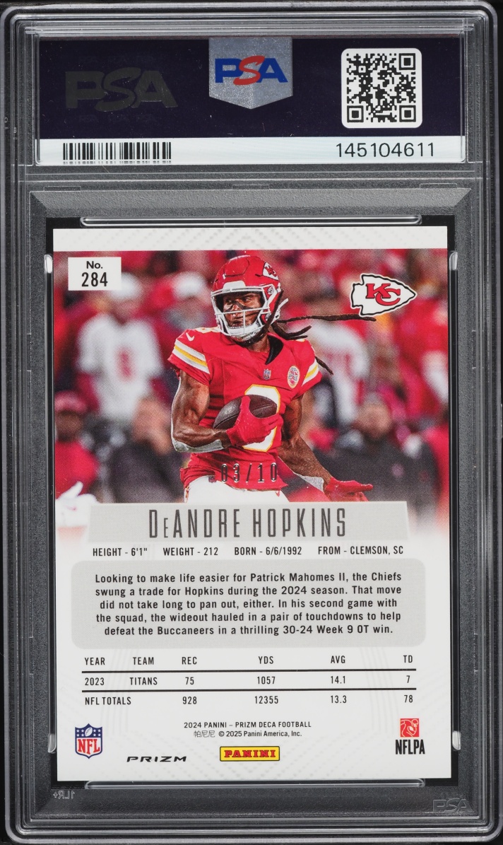 2024 Panini Prizm Deca Gold DeAndre Hopkins /10 #284 PSA 9 MINT - Photo 2
