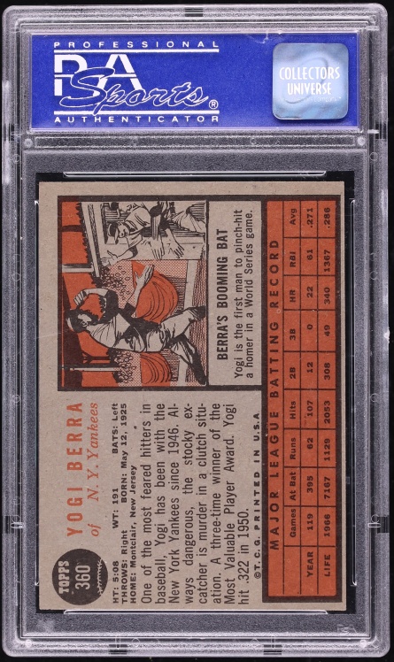 1962 Topps Yogi Berra #360 PSA 6 EXMT