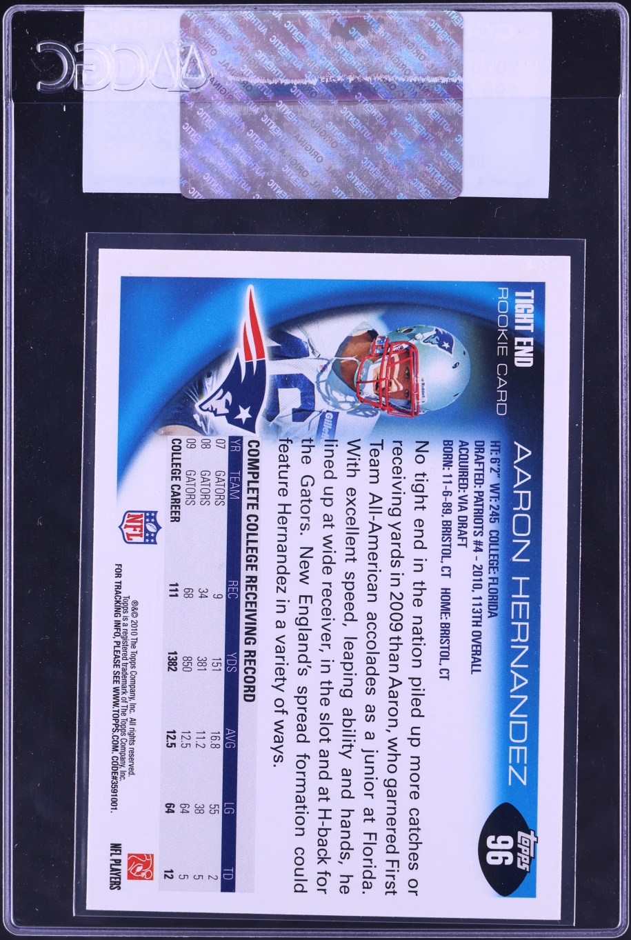 2010 Topps Football Aaron Hernandez ROOKIE #96 CGC AUTH