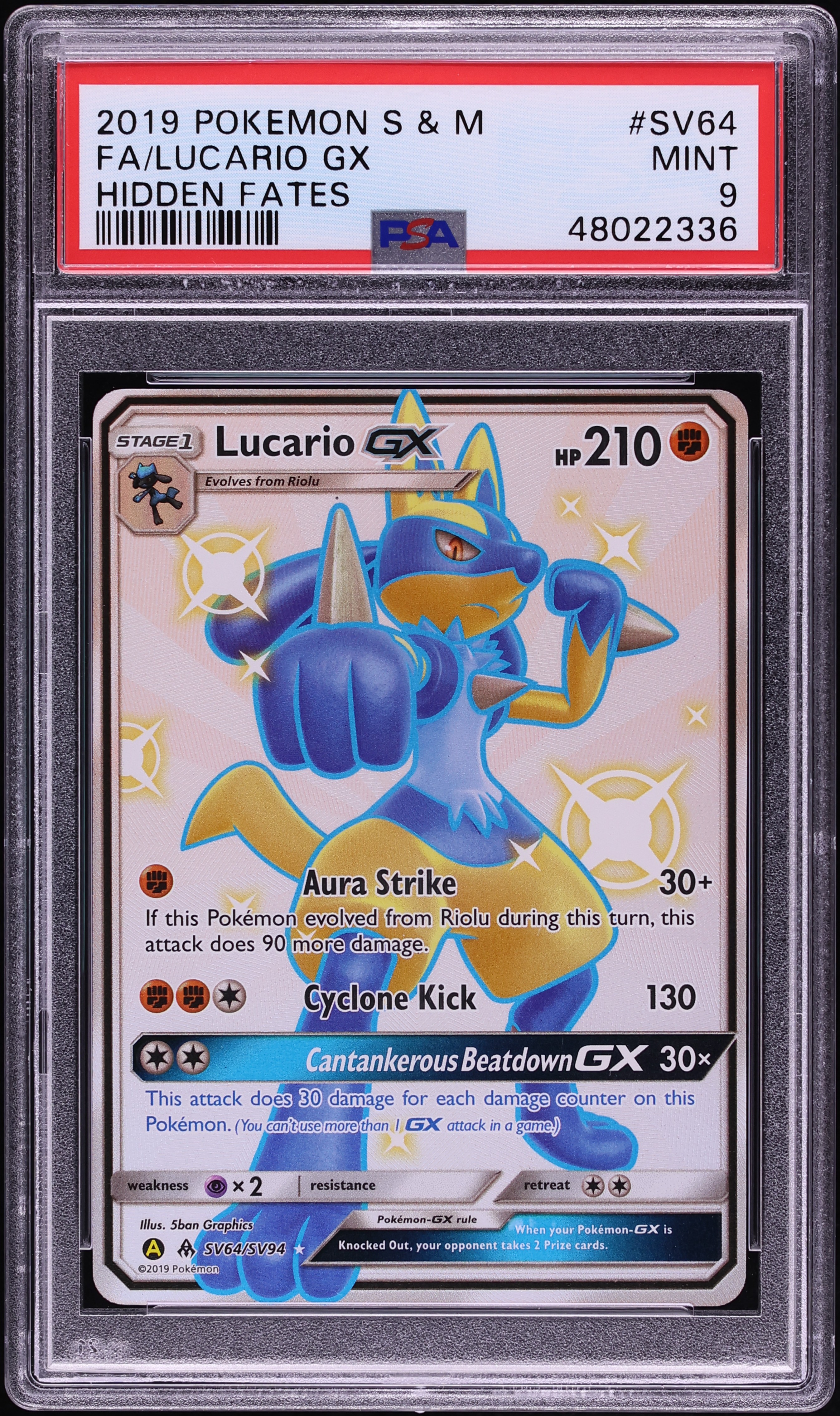 2019 Pokemon Sun & Moon Hidden Fates Full Art Lucario GX #SV64 PSA 9 MINT