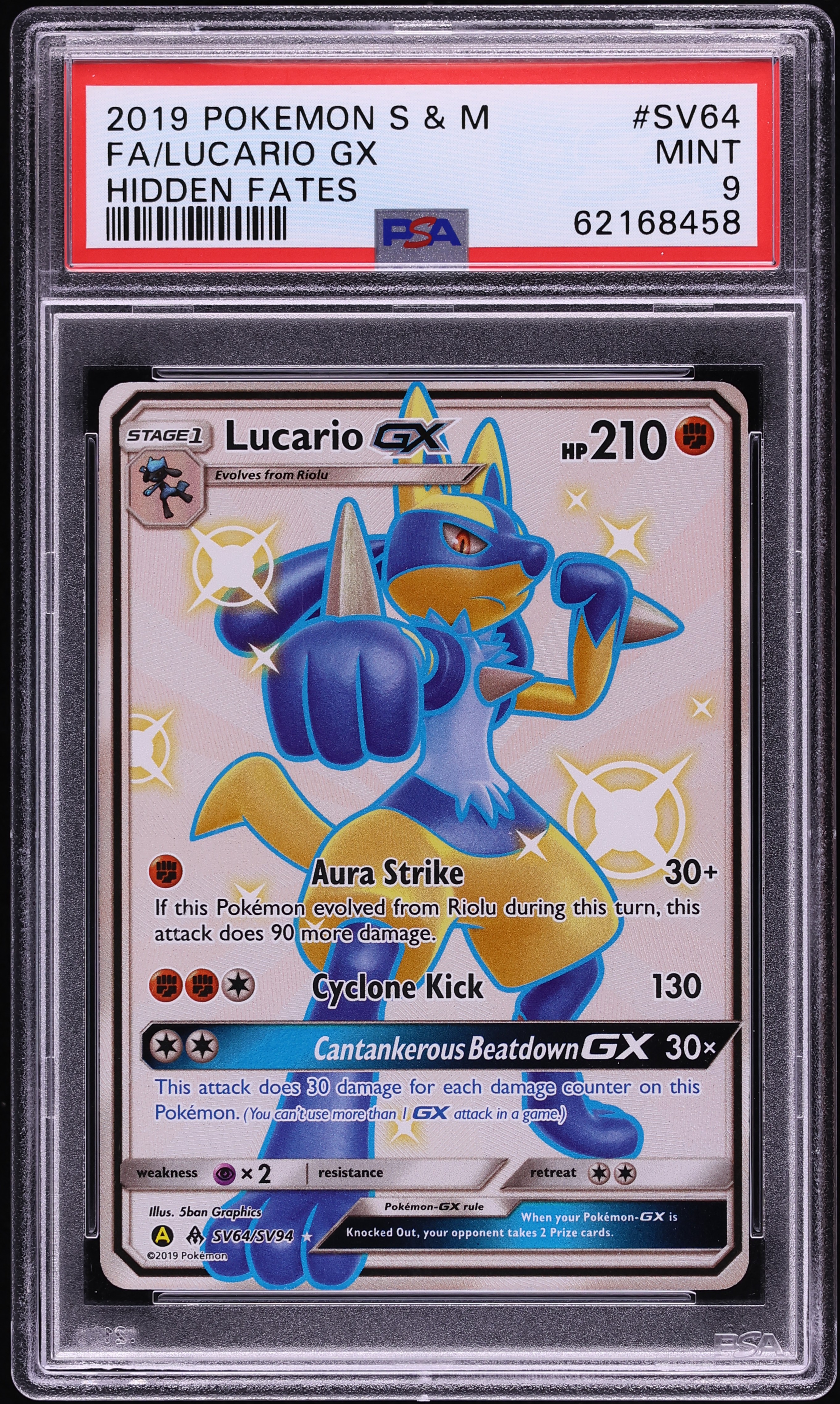 2019 Pokemon Sun & Moon Hidden Fates Full Art Lucario GX #SV64 PSA 9 MINT