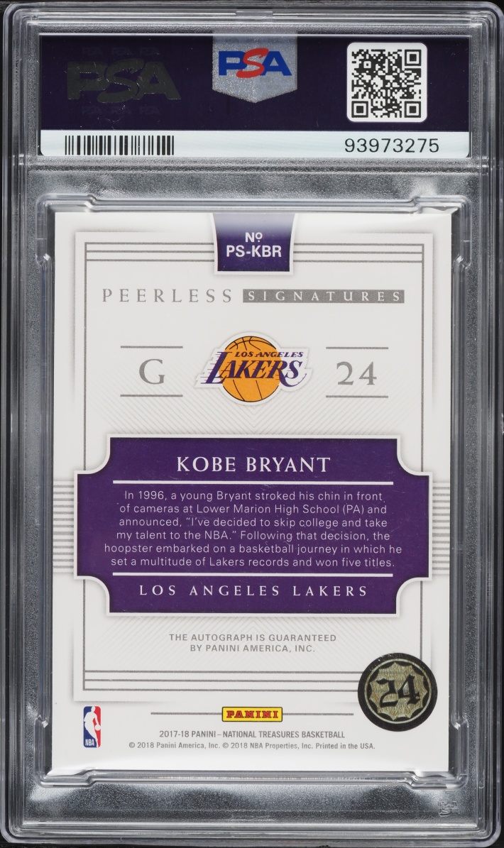 2017 National Treasures Peerless Signatures Kobe Bryant AUTO /49 #PS-KBR PSA 9 MINT