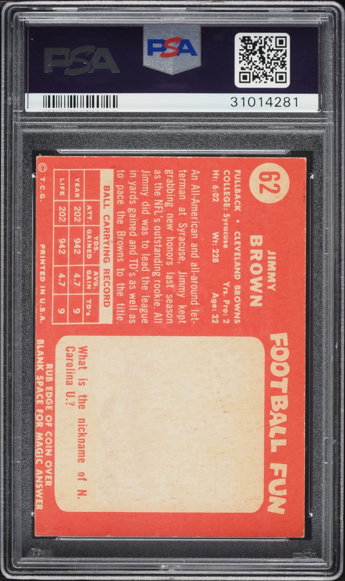 1958 Topps Football Jim Brown ROOKIE #62 PSA 7 NRMT
