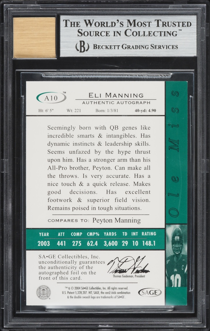 2004 Sage Hit Emerald Eli Manning ROOKIE AUTO #A10 BGS 8.5 NM-MT+