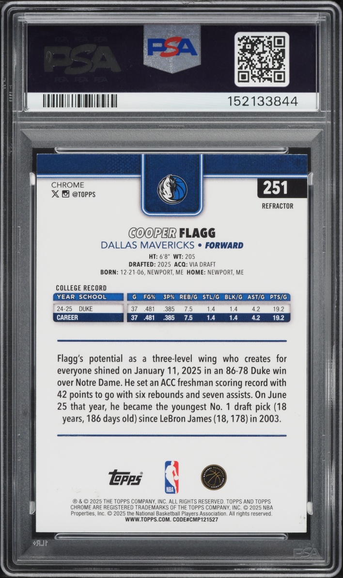 2025 Topps Chrome Refractor Cooper Flagg ROOKIE #251 PSA 9 MINT