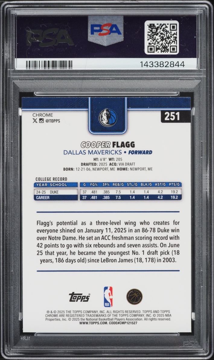 2025 Topps Chrome Xfractor Cooper Flagg ROOKIE #251 PSA 8 NM-MT
