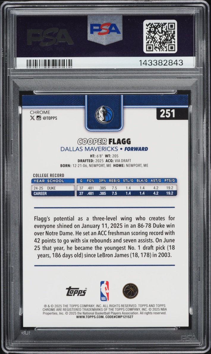 2025 Topps Chrome Gold Raywave Cooper Flagg ROOKIE /50 #251 PSA 9 MINT