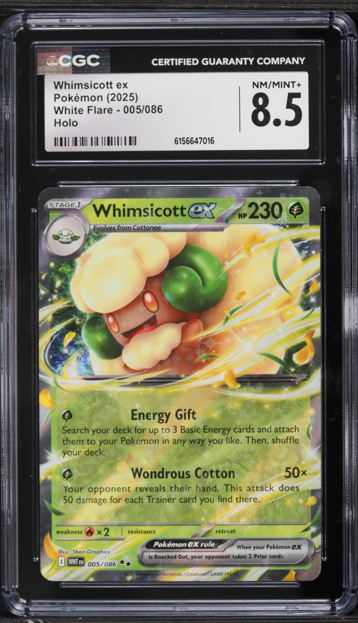 2025 Pokemon Scarlet & Violet White Flare Holo Whimsicott EX #5 CGC 8.5 NM-MT+