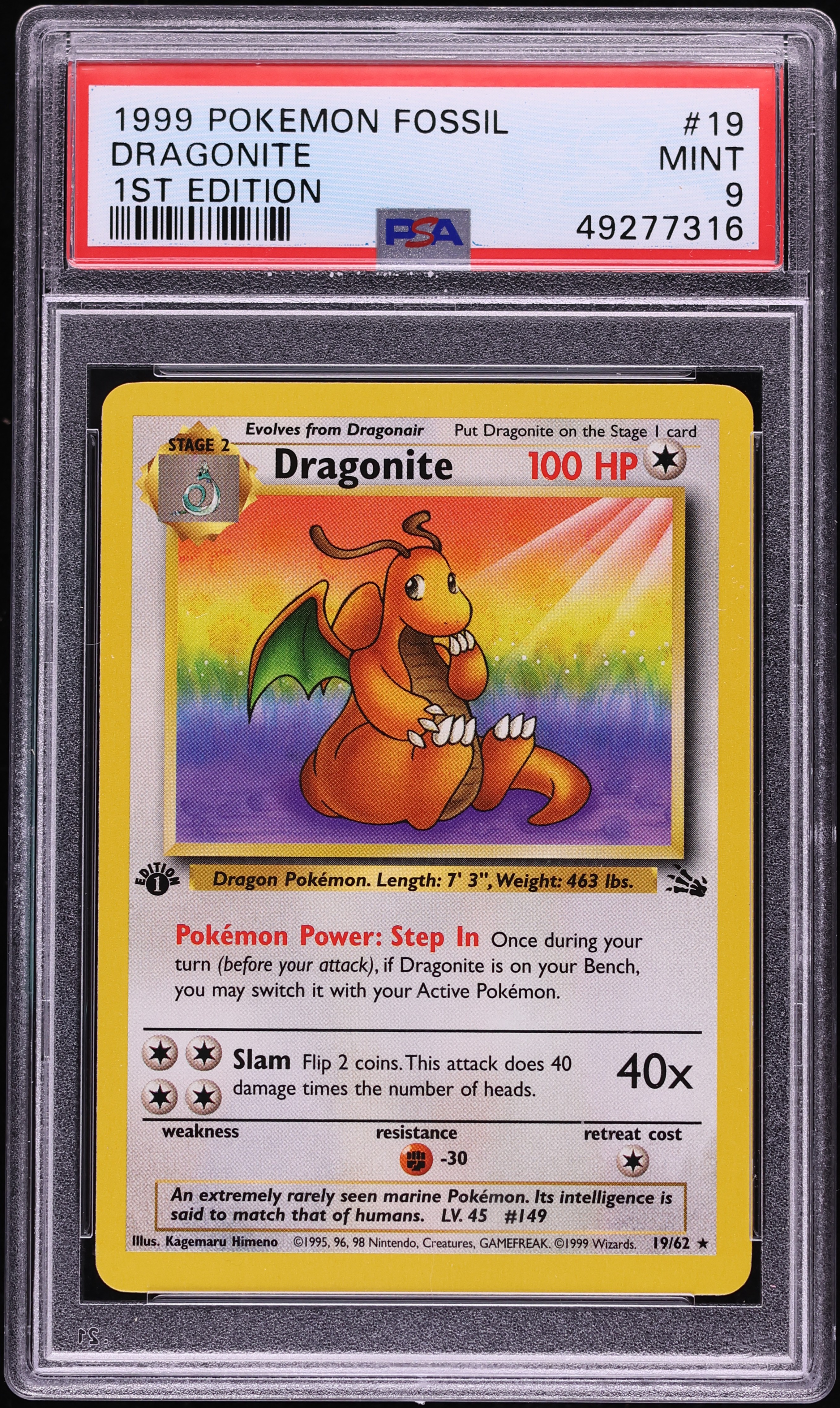 1999 Pokemon Fossil 1st Edition Dragonite #19 PSA 9 MINT