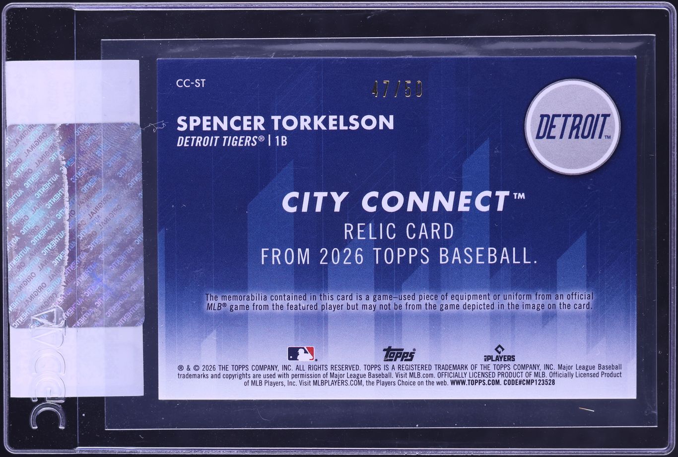 2026 Topps City Connect Swatch Collection Gold Spencer Torkelson PATCH /50 #CC-ST CGC AUTH