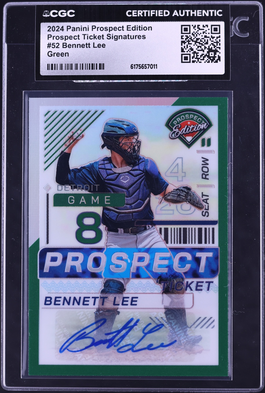 2024 Panini Prospect Edition Ticket Green Prizm Bennett Lee ROOKIE AUTO #52 CGC AUTH