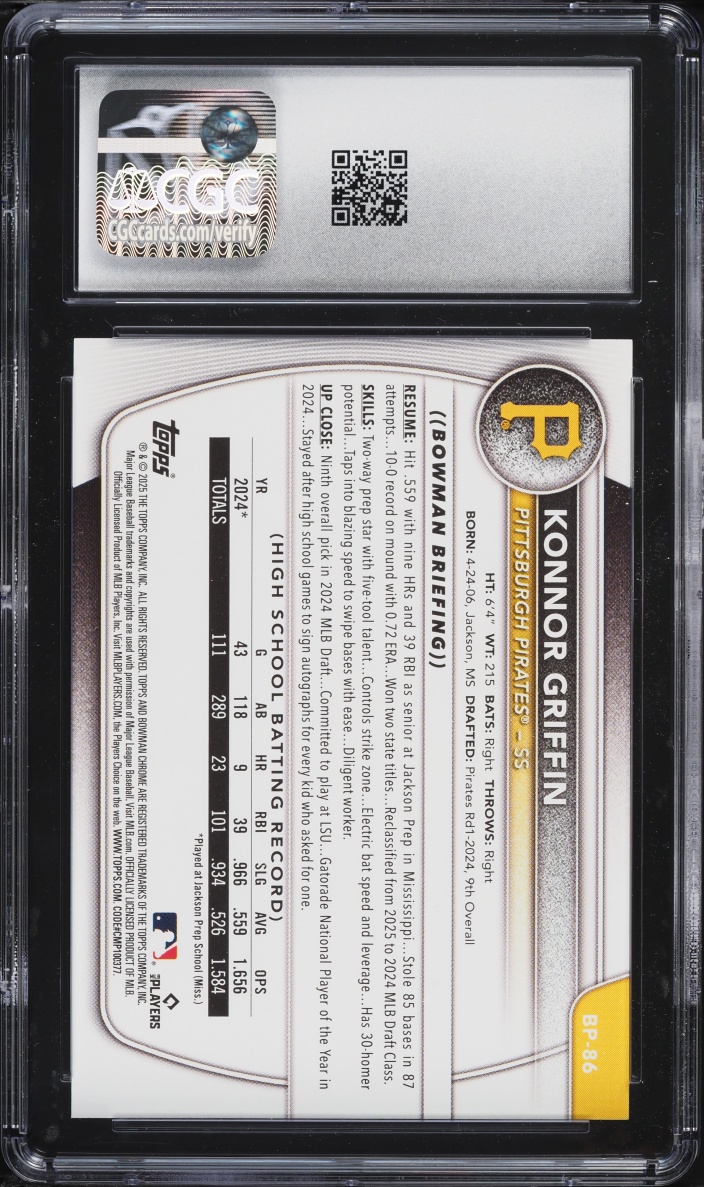 2025 Bowman Konnor Griffin PROSPECT #BP-86 CGC 10 GEM MINT