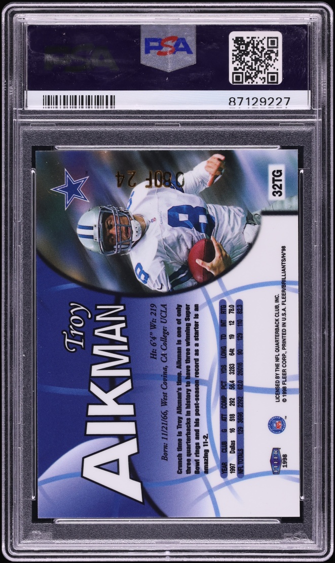 1998 Fleer Brilliants 24-Karat Gold Troy Aikman JSY # 8/24 #32TG PSA 9 MINT - Photo 2