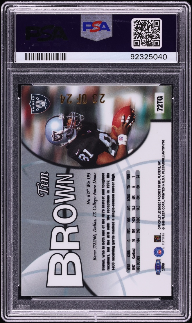 1998 Fleer Brilliants 24-Karat Gold Tim Brown /24 #72TG PSA 9 MINT - Photo 2