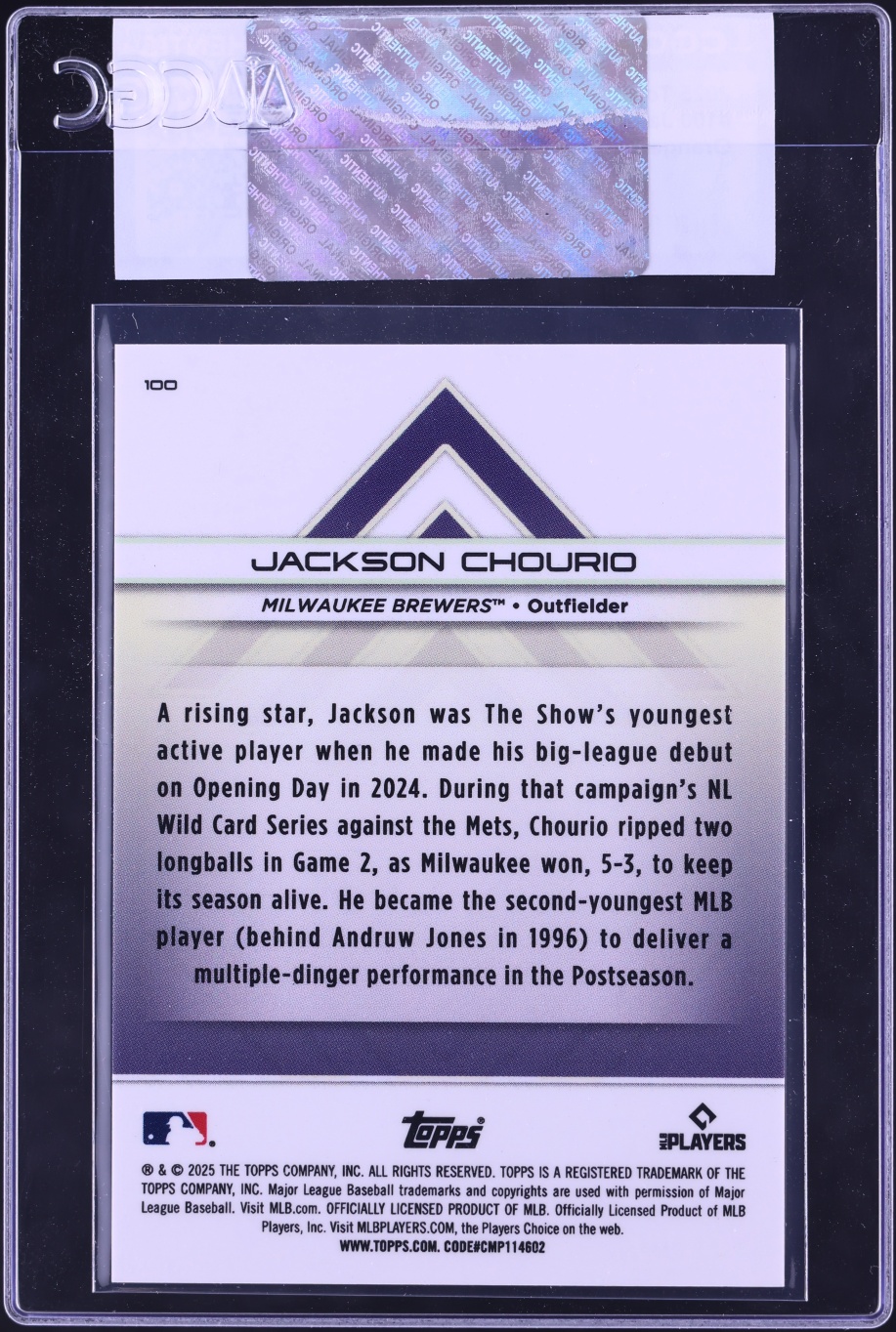 2025 Topps Transcendent Collection Orange Refractor Jackson Chourio /25 #100 CGC AUTH