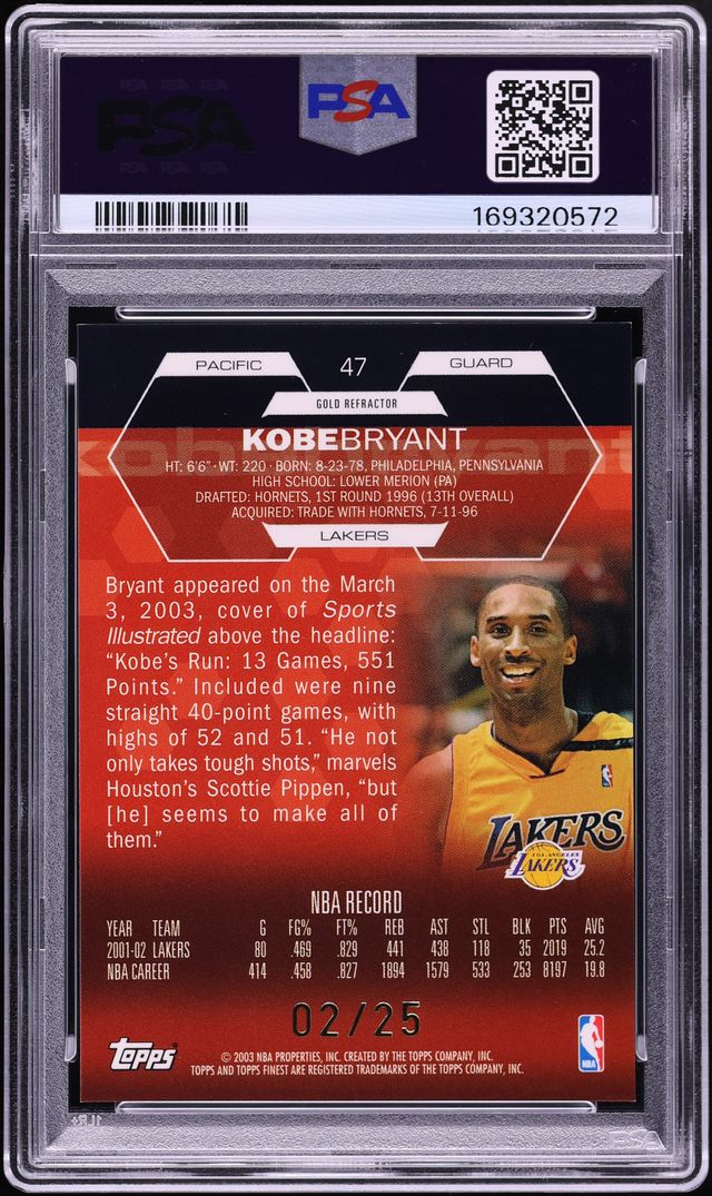 2002 Finest Gold Refractor Kobe Bryant /25 #47 PSA 8.5 NM-MT+ - Photo 2