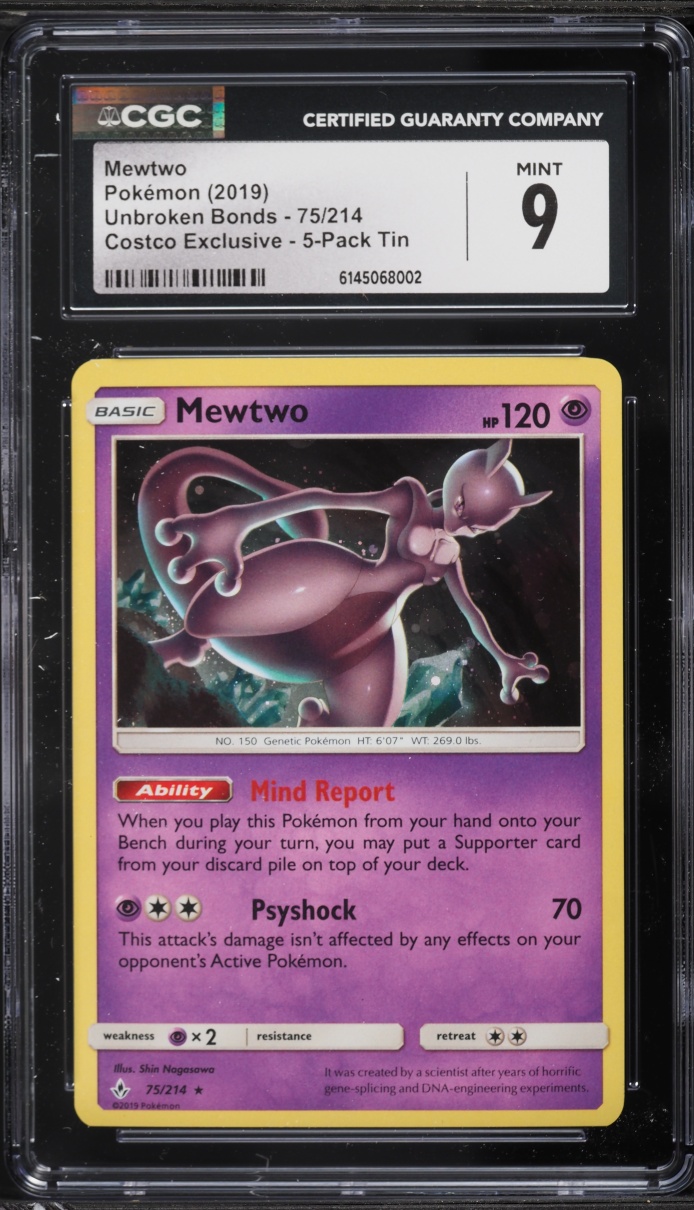 2019 Pokemon Sun & Moon Unbroken Bonds Costco Exclusive Holo Mewtwo #75 CGC 9 MINT