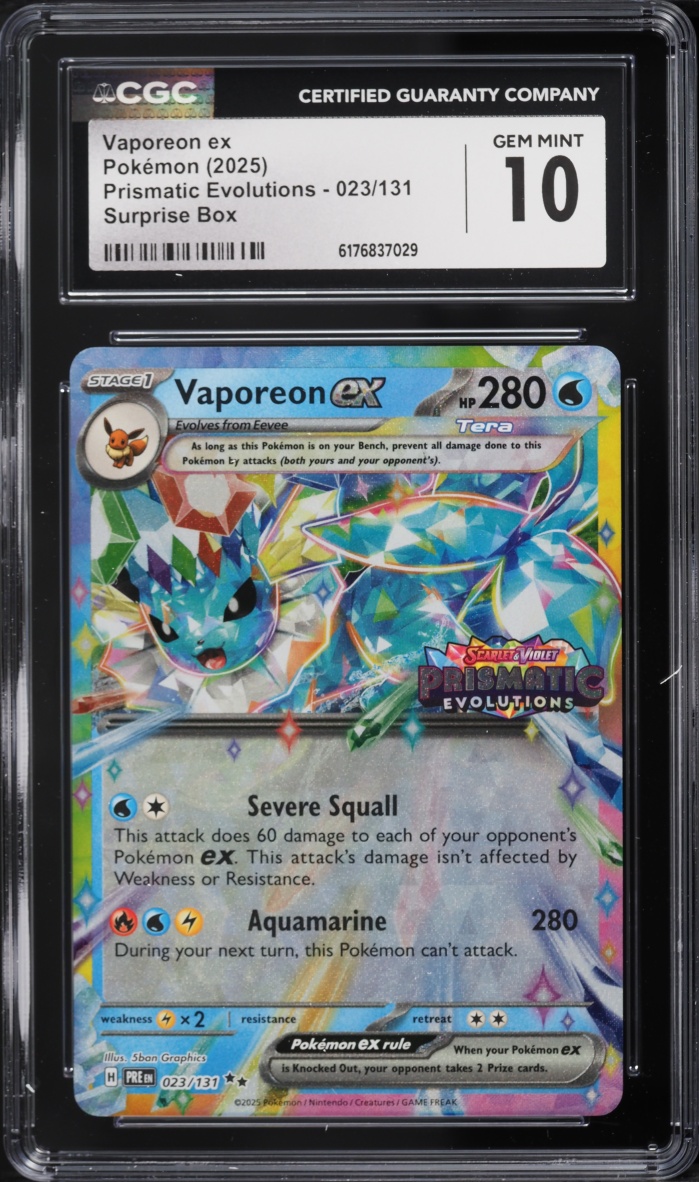 2025 Pokemon Scarlet & Violet Prismatic Evolutions Surprise Box Holo Vaporeon EX #23 CGC 10 GEM