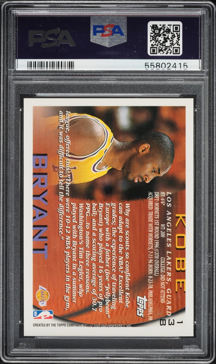 1996 Topps Basketball Kobe Bryant ROOKIE #138 PSA 10 GEM MINT