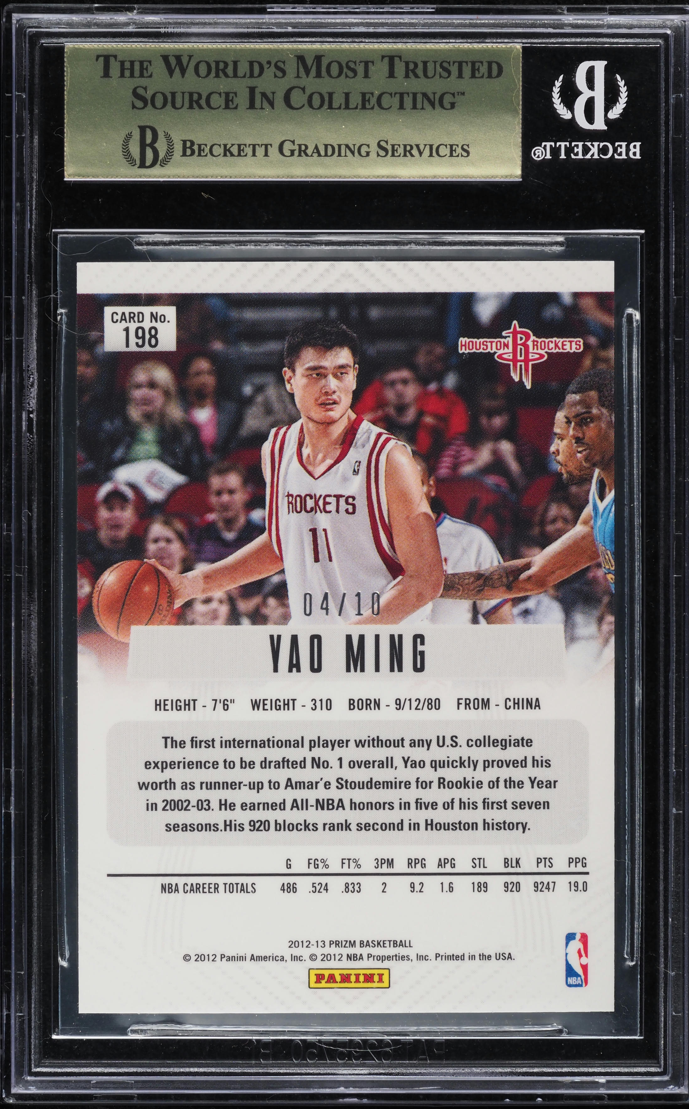 2012 Panini Prizm Gold Yao Ming /10 #198 BGS 10 PRISTINE