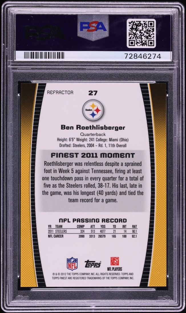 2012 Finest Superfractor Ben Roethlisberger 1/1 #27 PSA 10 GEM MINT - Photo 2