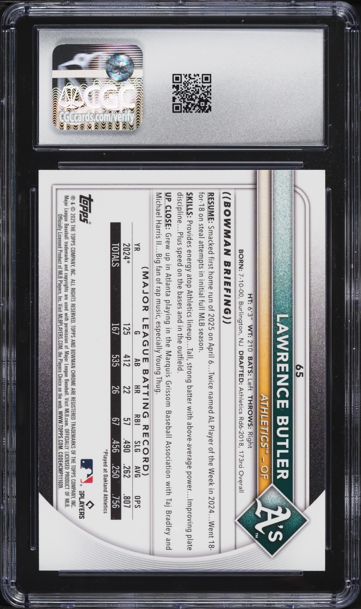 2025 Bowman Chrome Mega Box Blue Lawrence Butler /150 #65 CGC 9 MINT