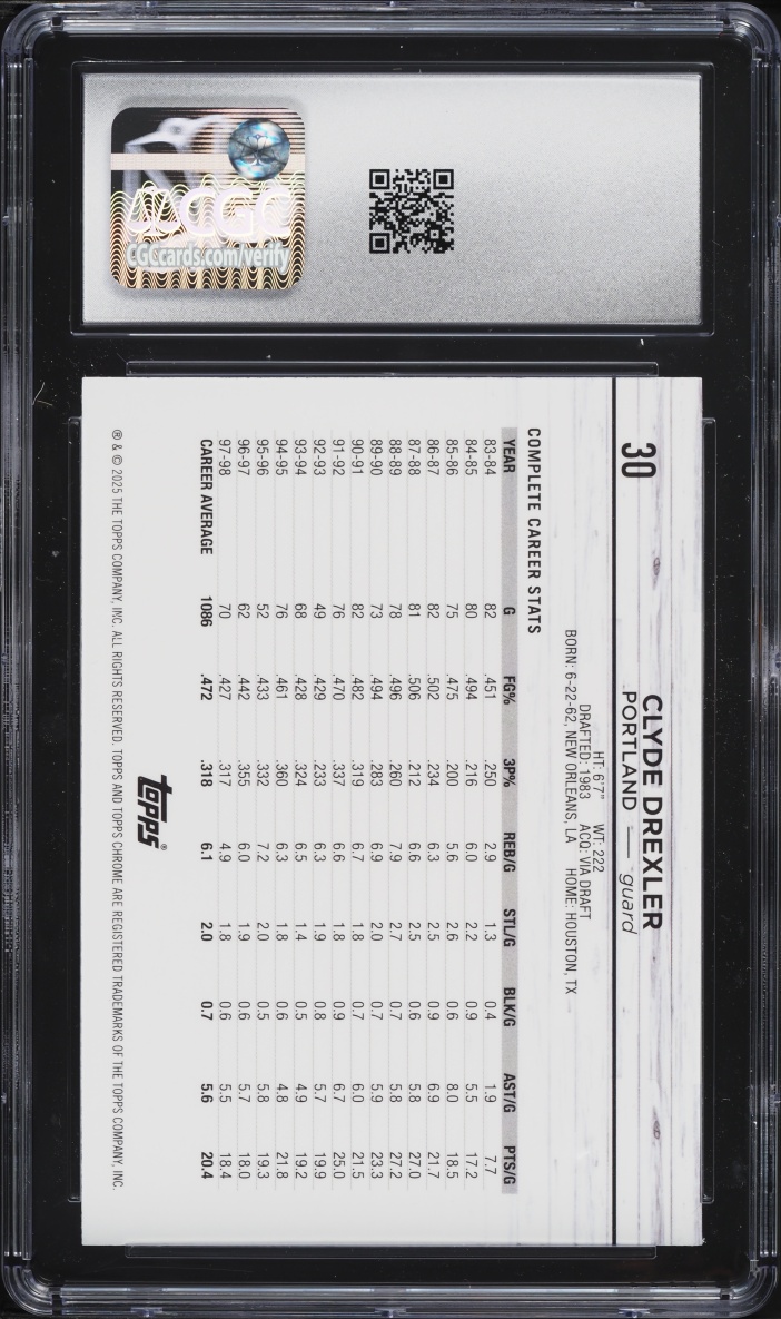 2024 Topps Chrome Magenta Speckle Refractor Clyde Drexler /350 #30 CGC 10 GEM MINT
