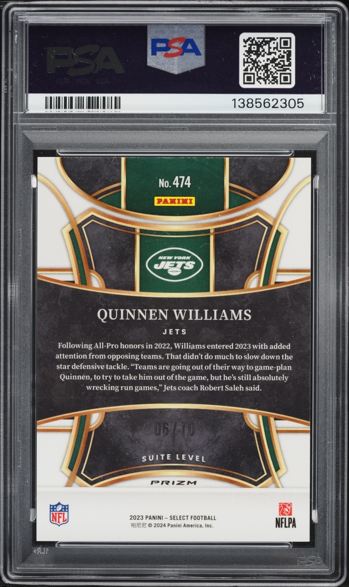 2023 Select Suite Level Gold Prizm Quinnen Williams /10 #474 PSA 10 GEM MINT
