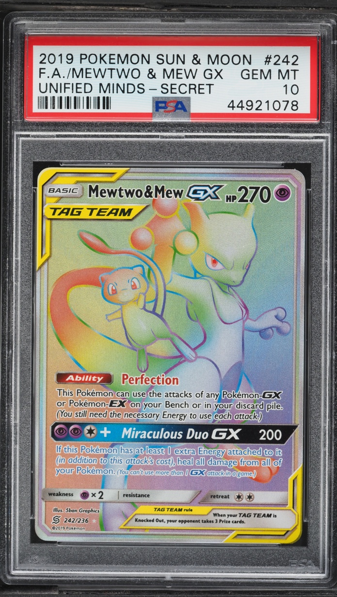 2019 Pokemon Sun & Moon Unified Minds Rainbow Rare Mewtwo & Mew GX #242 PSA 10 GEM MINT