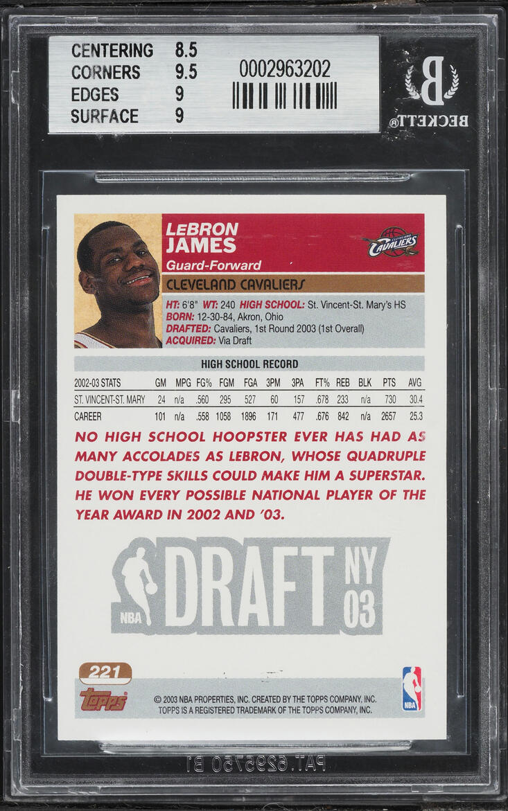 2003 Topps Basketball First Edition LeBron James ROOKIE #221 BGS 9 MINT