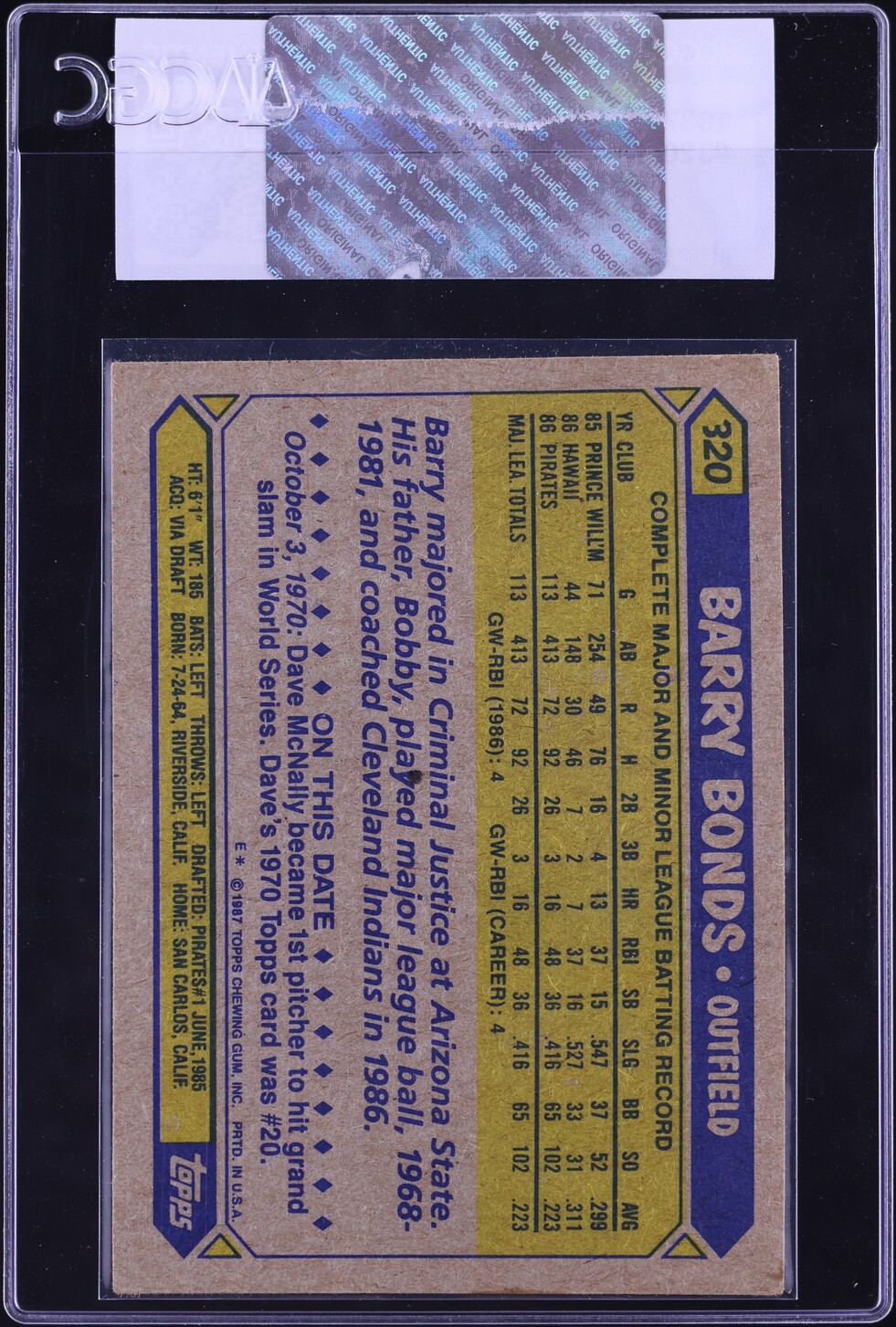 1987 Topps Barry Bonds ROOKIE #320 CGC AUTH