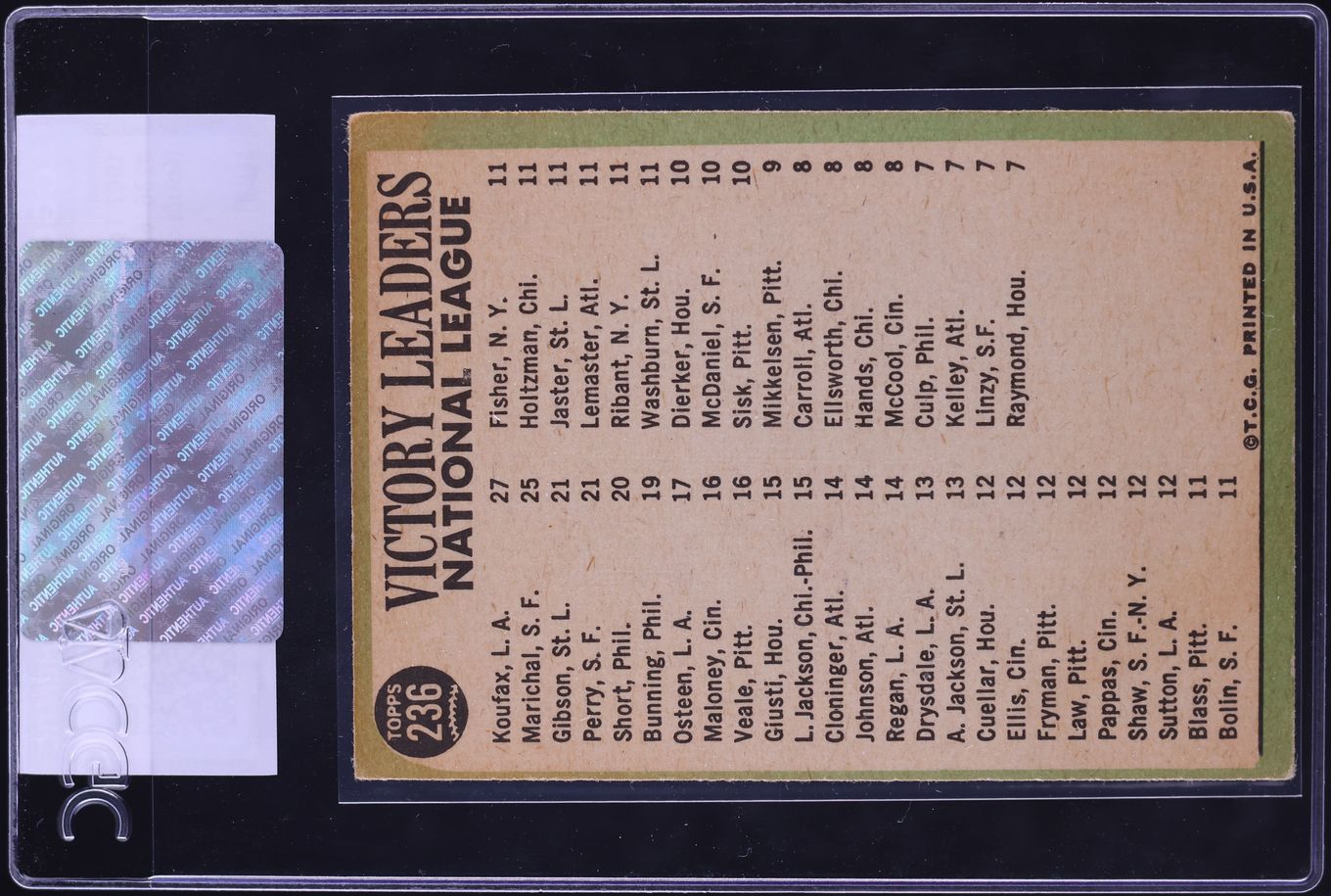 1967 Topps Sandy Koufax Juan Marichal Bob Gibson Gaylord Perry NL PITCHING LDRS #236 CGC AUTH