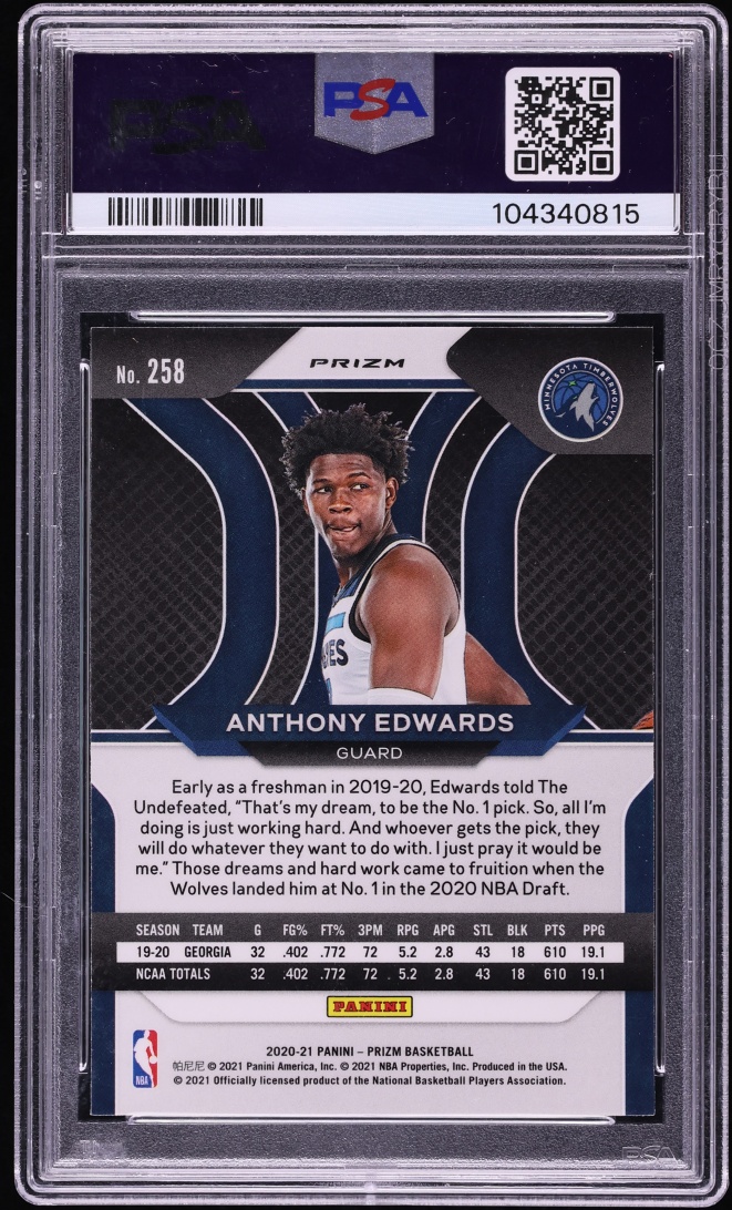 2020 Panini Prizm Red Ice Anthony Edwards ROOKIE #258 PSA 10 GEM MINT