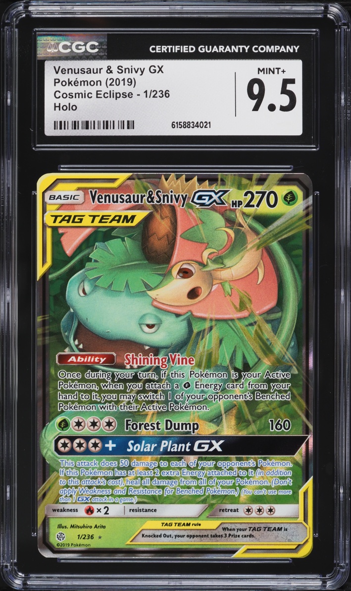 2019 Pokemon Sun & Moon Cosmic Eclipse Holo Venusaur & Snivy GX #1 CGC 9.5 MINT+