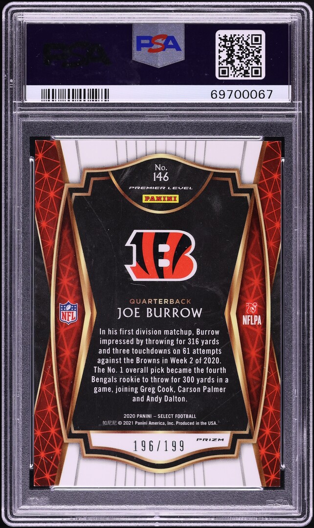 2020 Select Premier Level Tri Color Prizm Joe Burrow ROOKIE /199 #146 PSA 9 MINT
