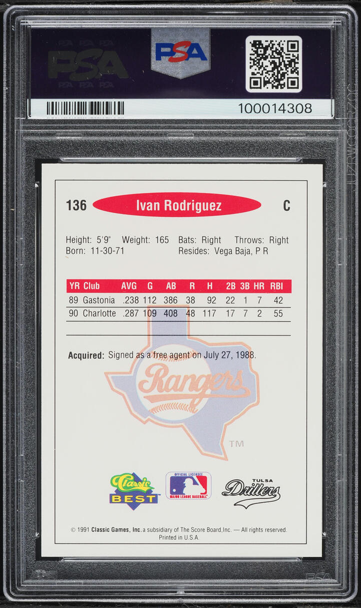 1991 Classic Best Ivan Rodriguez ROOKIE #136 PSA 9 MINT