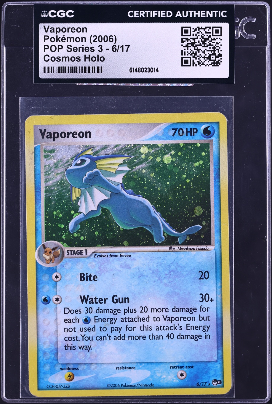 2006 Pokemon POP Series 3 Cosmos Holo Vaporeon #6 CGC AUTH